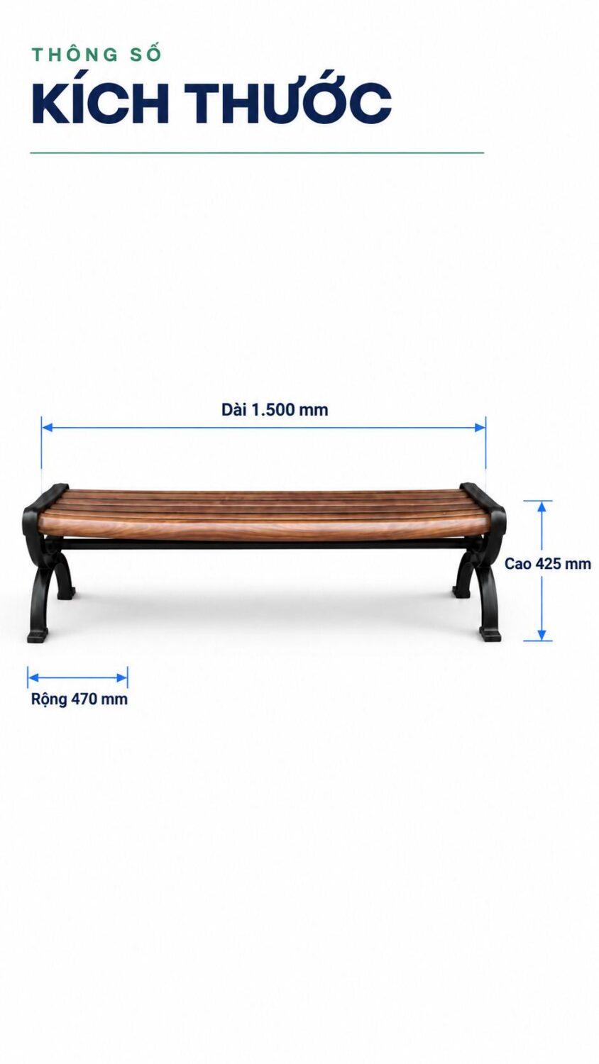 Kích thước ghế băng không tựa GEV-CV-106-C: dài 1500 mm, rộng 470 mm, cao 425 mm